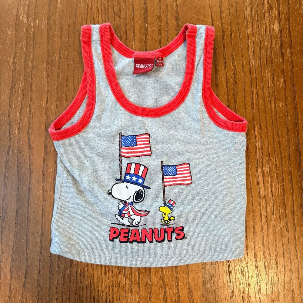 Peanuts Snoopy Woodstock Kids Medium Gray Red Patriotic Tank Top USA Flag